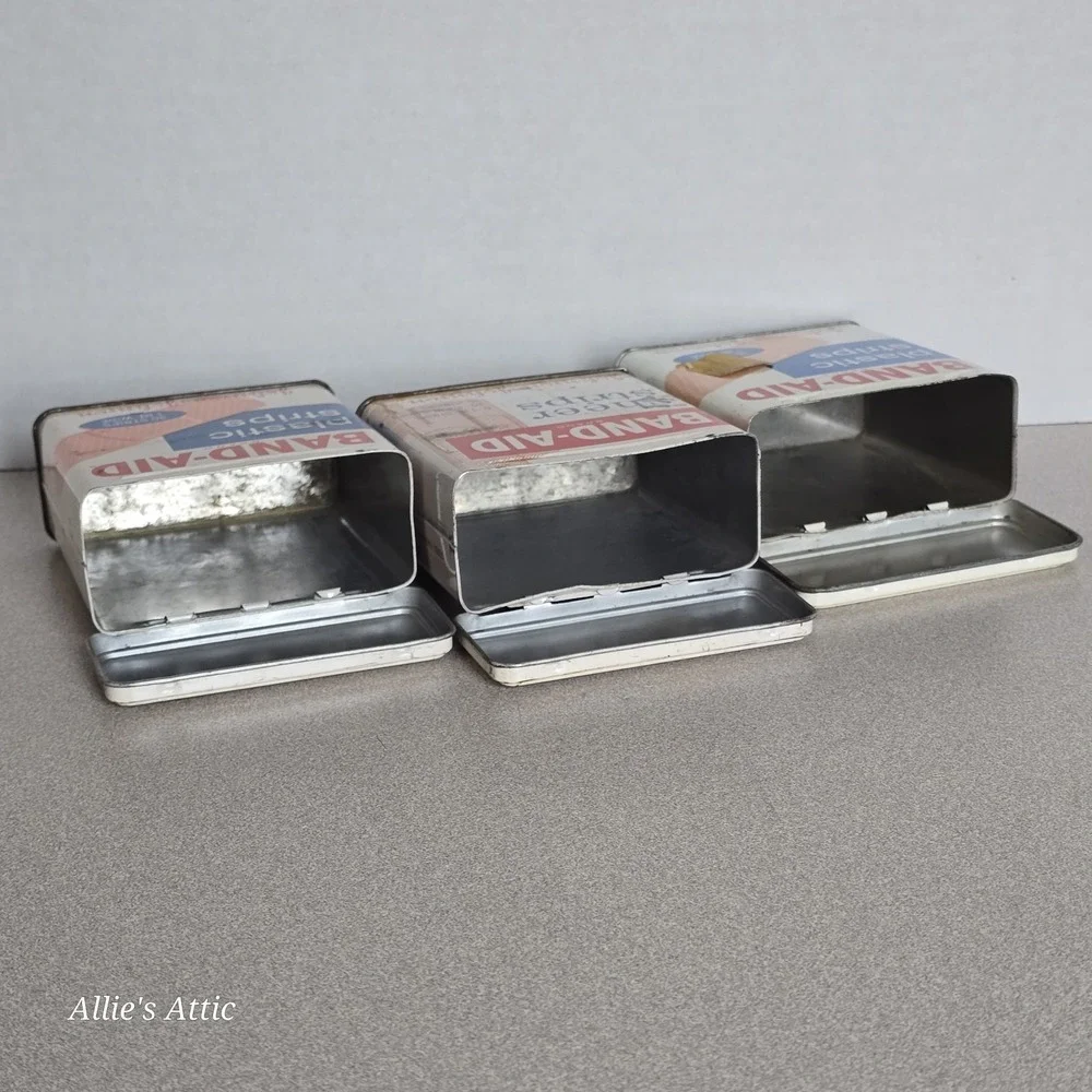 3 Band-Aid Tins Vintage Metal Lid Bathroom Display Cabinet‎ Decor Pharmaceutical